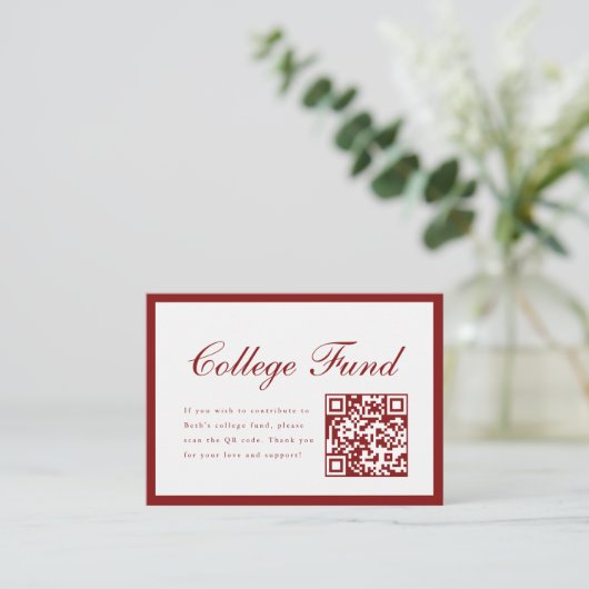 Elegant Script Red College Fund QR Code Graduation Begleitkarte (Stehend Vorderseite)