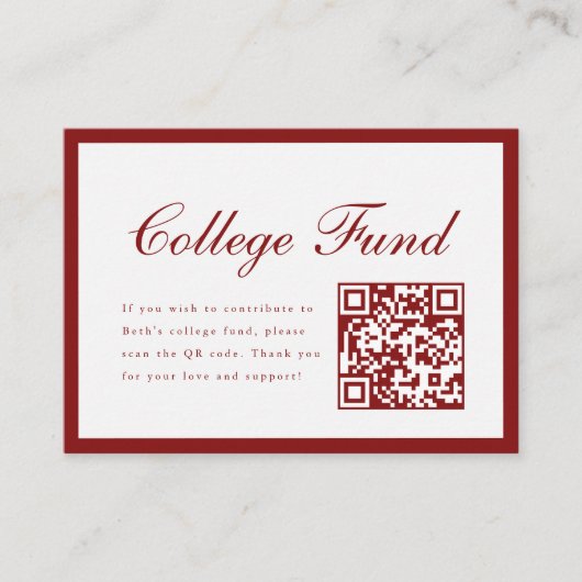 Elegant Script Red College Fund QR Code Graduation Begleitkarte (Vorderseite)