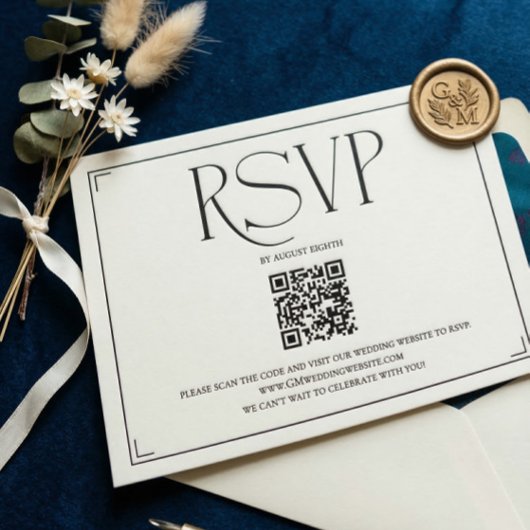 Elegant Script RSVP QR Code Black White Wedding  Karte