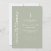 Elegant Script Sage Green Boy First Communion Einladung (Vorderseite)