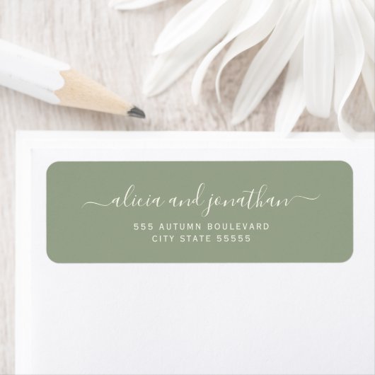 Elegant script sage green wedding return address (Insitu)