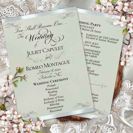 Elegant Script - Salbei Pearl/Silber Hochzeit Programm