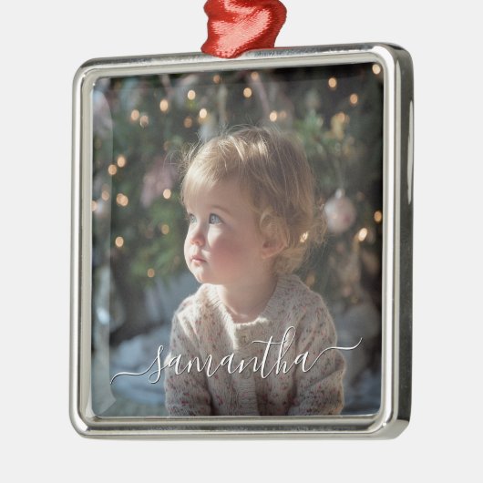 Elegant Script Signature Name Photo Ornament Aus Metall (Links)