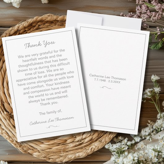 Elegant Script Simple Funeral Flat Thank You Card Dankeskarte