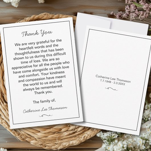 Elegant Script Simple Funeral Flat Thank You Card Dankeskarte