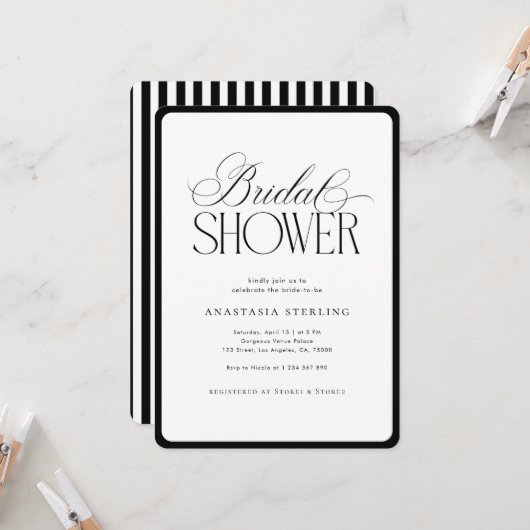 Elegant Script Stripes Black & White Bridal Shower Einladung (Vorderseite/Rückseite Beispiel)