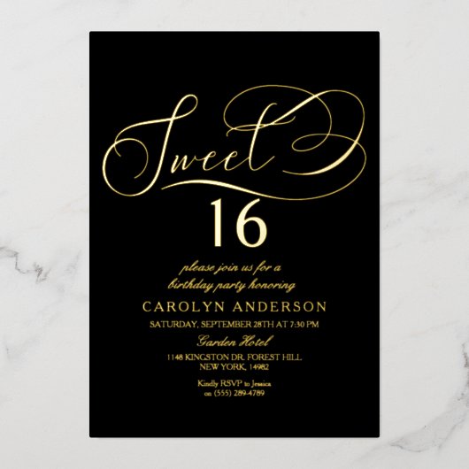 Elegant Script Sweet 16 Birthday Real Folieneinladung (Vorderseite)