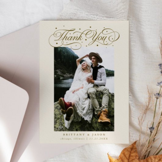 Elegant Script Typography Dots Wedding Photo Beige Dankeskarte