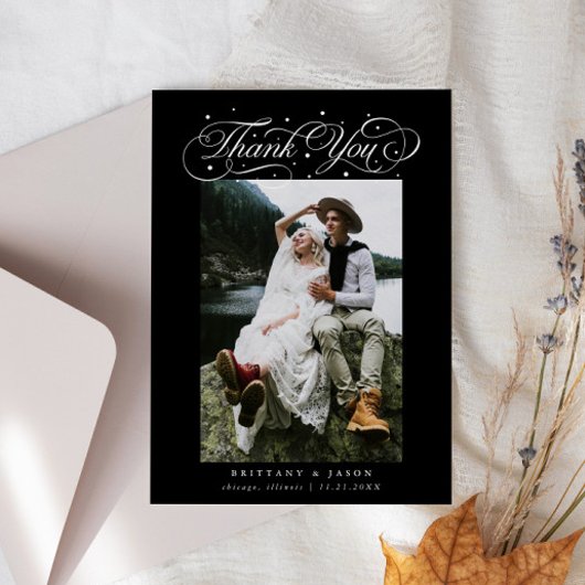 Elegant Script Typography Dots Wedding Photo Black Dankeskarte