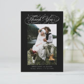 Elegant Script Typography Dots Wedding Photo Black Dankeskarte (Stehend Vorderseite)