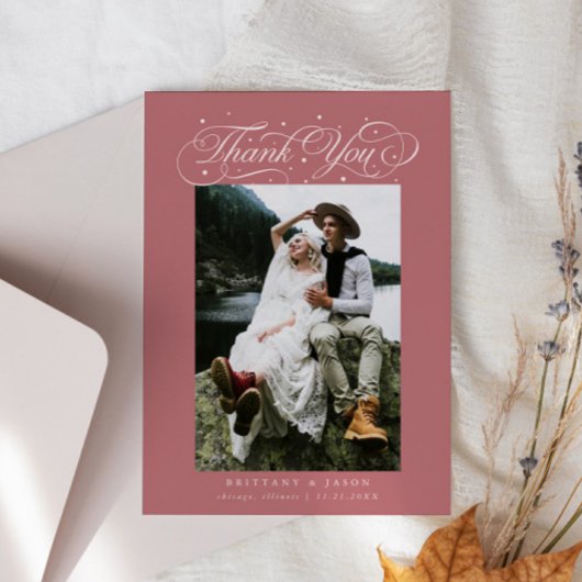 Elegant Script Typography Dots Wedding Pink Dankeskarte