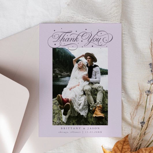 Elegant Script Typography Dots Wedding Purple Dankeskarte