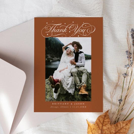 Elegant Script Typography Dots Wedding Terracotta Dankeskarte