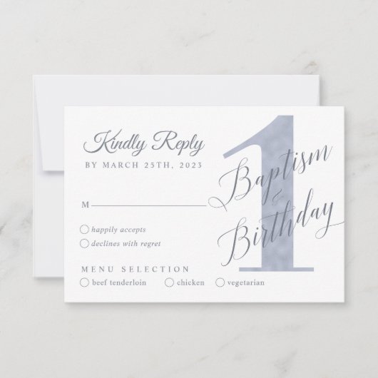 Elegant Script Violet Baby's 1st Birthday Baptism RSVP Karte (Vorderseite)