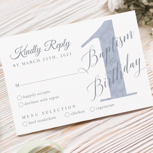 Elegant Script Violet Baby's 1st Birthday Baptism RSVP Karte