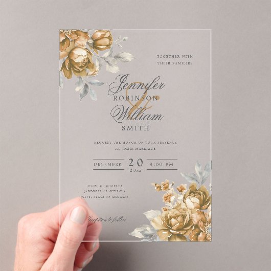 Elegant Script Wedding Gold Natural Rustic Floral Acryleinladungen (Insitu (Handheld))