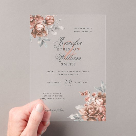 Elegant Script Wedding Rose Gold Rustic Floral  Acryleinladungen (Insitu (Handheld))