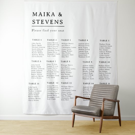 Elegant Script Wedding Table Seating Chart Foam Wandteppich (Beispiel)