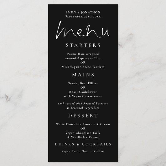 Elegant Script White Black Wedding Menu Menükarte (Vorderseite)