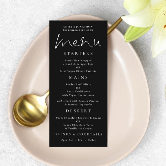 Elegant Script White Black Wedding Menu Menükarte