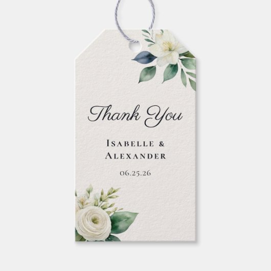 Elegant Script White Flowers Botanical Wedding Geschenkanhänger (Vorderseite)