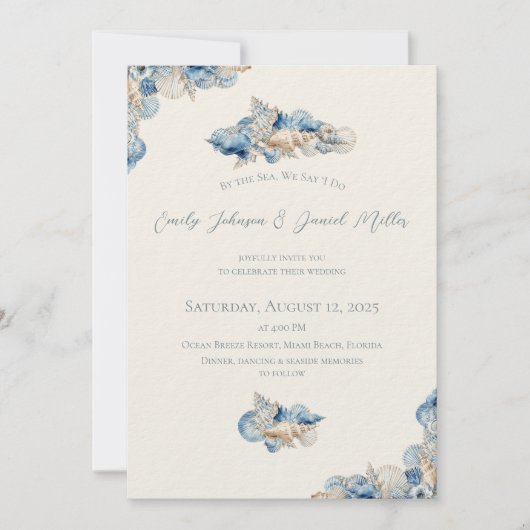 Elegant Seashell Border Wedding Einladung (Vorderseite)