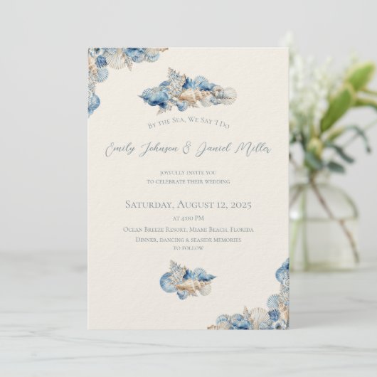 Elegant Seashell Border Wedding Einladung (Stehend Vorderseite)