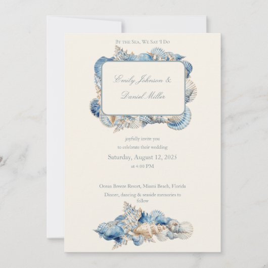 Elegant Seashell Border Wedding Einladung (Vorderseite)