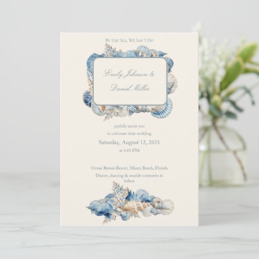 Elegant Seashell Border Wedding Einladung (Stehend Vorderseite)