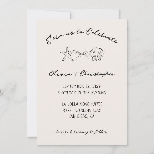 Elegant Seashell & Bow Coquette Wedding Einladung (Vorderseite)