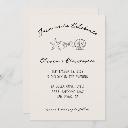 Elegant Seashell & Bow Coquette Wedding Einladung (Vorne/Hinten)