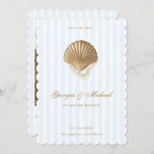 Elegant Seashell Gold & Blue Coastal Wedding Save The Date (Vorne/Hinten)
