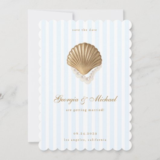 Elegant Seashell Gold & Blue Coastal Wedding Save The Date (Vorderseite)