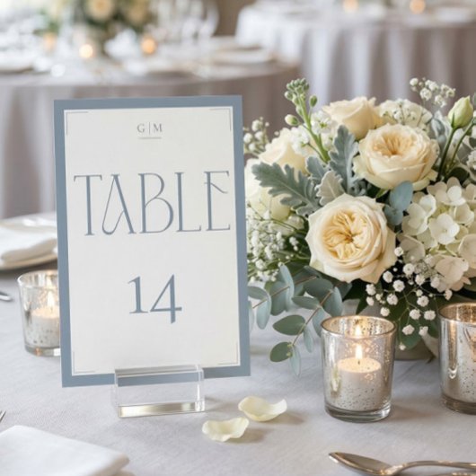 Elegant Serif Blue Gray Monogram Table Number Tischnummer