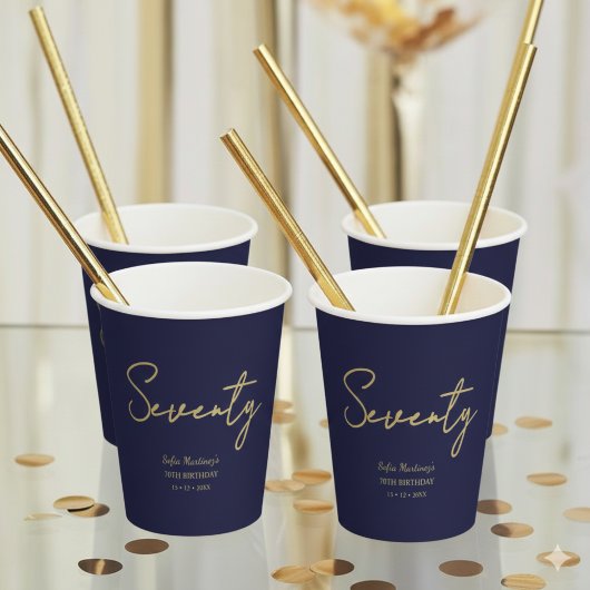 Elegant Seventy Birthday Paper Cup Navy Gold Pappbecher