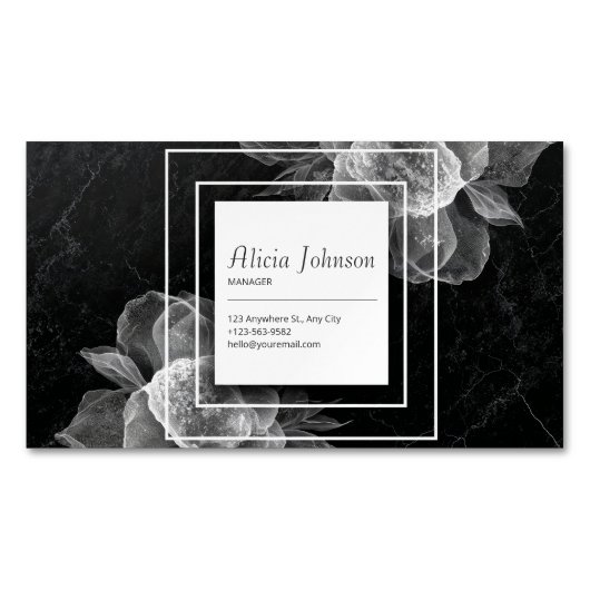 Elegant Sheer Floral & Black Marmor Magnetische Visitenkarte (Vorderseite)
