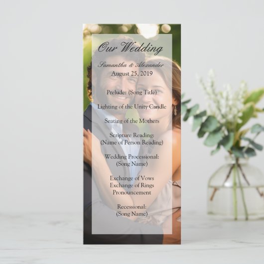 Elegant Sheer Overlay Foto Wedding Programm (Stehend Vorderseite)