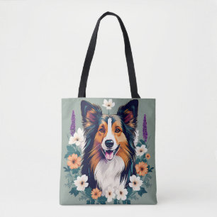 Elegant Shetland Sheepdog mit floral Tasche