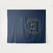 Elegant Shield monogram wedding blue gold backdrop Wandteppich (Vorderseite (Horizontal))
