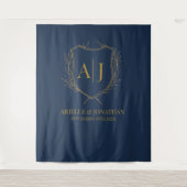 Elegant Shield monogram wedding blue gold backdrop Wandteppich (Vorderseite)