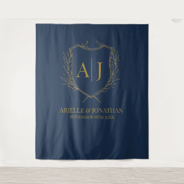 Elegant Shield monogram wedding blue gold backdrop Wandteppich