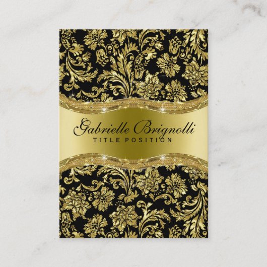 Elegant Shiny Metallic Gold & Black Floral Damasks Visitenkarte (Vorderseite)