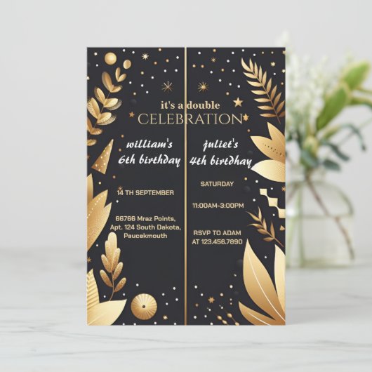 Elegant Sibling Schwarz einfache moderne Joint Geb Einladung (Stehend Vorderseite)