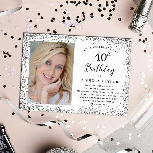 Elegant Silber Glitter 40. Geburtstag Einladung