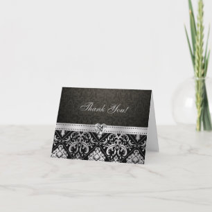 Elegant Silber und schwarzer Damast mit Diamant-He Dankeskarte