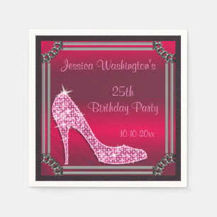 Elegant silbergerahmter rosa Stiletto 25. Geburtst Serviette