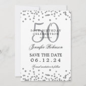 Elegant Silver 50 Geburtstag Rett Datum Confetti Einladung (Vorderseite)