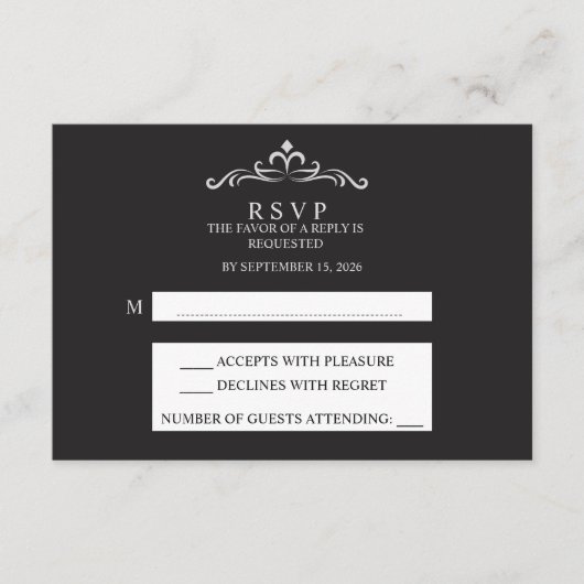 Elegant Silver and Black Horizontal Wedding RSVP  Karte (Vorderseite)