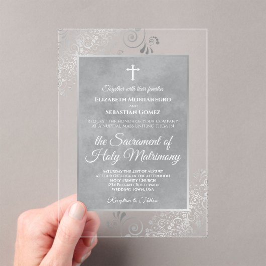 Elegant Silver and Gray Ornate Catholic Wedding Acryleinladungen (Insitu (Handheld))