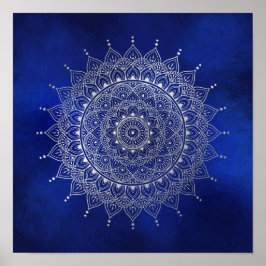 Elegant Silver auf Deep Blue Floral Henna Mandala Poster